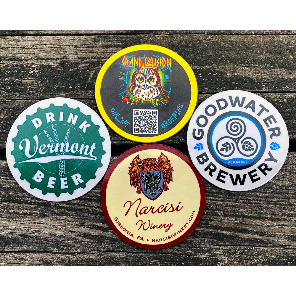 Examples of custom printed circle magnets for breweries, distilleries and wineries