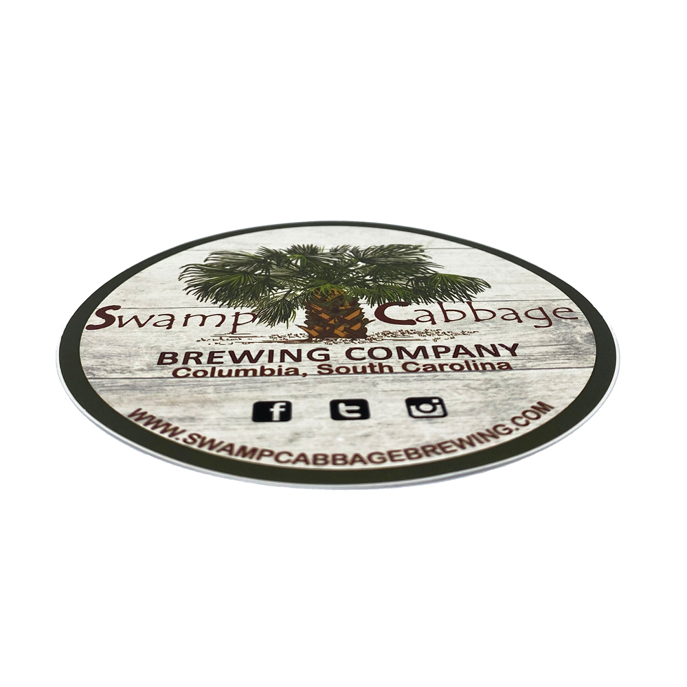 Front and edge of custom vinyl 4 inch round brewery sticker